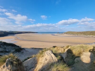 A photo taken at the top of the sand dunes in Crantock during a winter interim survey A photo taken at the top of the sand dunes in Crantock